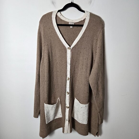 LOGO by Lori Goldstein Size 2X Tan Color Blocked Speckled  Button Front Cardigan - Picture 1 of 10
